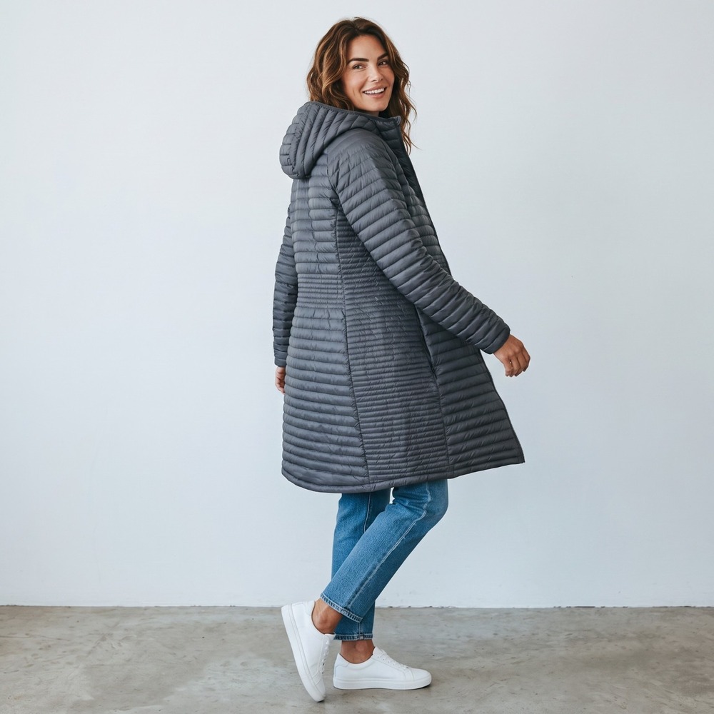 L.L. Bean Coat Womens Medium Gray Hooded Ultralight Down Puffer Long 850
